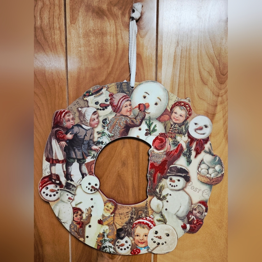 NEW Postcard Snowman & Children Vintage Retro Style Wood Christmas Wreath Door